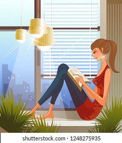 Woman sitting on window sill, reading book