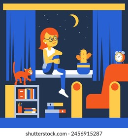 A woman is sitting on a window sill with a cat and a cactus. The room is dimly lit. Vector illustration.