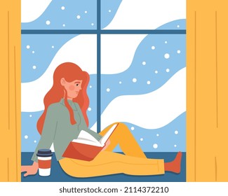 Woman sitting on windowsill. Girl reads book sitting on window in winter snowfall. Character with hot mug of coffee or tea. Comfortable rest and useful hobbies. Cartoon flat vector illustration