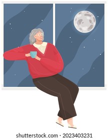 Woman sitting on windowsill at home looking out window at moon, relaxing, dreaming, drinking tea in evening. Female character rest in cozy interior vector. Spend time at home enjoy beautiful scenery