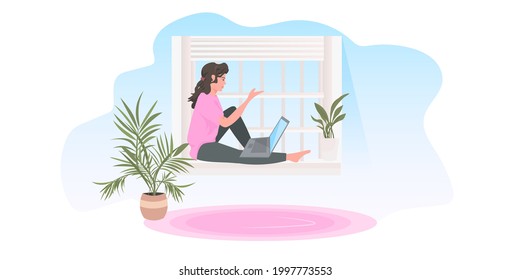 woman sitting on windowsill using laptop freelance concept moodern living room interior