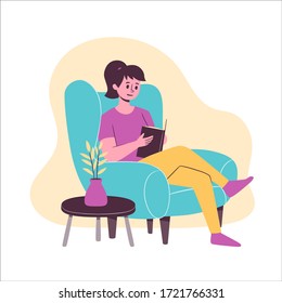 Woman sitting on a wing chair reading a book. Flat vector illustration isolated on white background.
