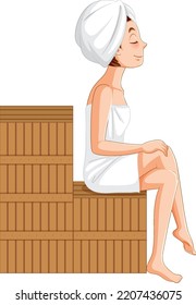 A woman sitting on wooden bench at sauna illustration