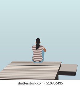 Woman sitting on wooden pier on the lake, vector illustration