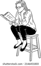 Woman sitting on wooden stool reading book Lifestyle at home Hand drawn line art Illustration