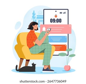 Mulher sentada em poltrona amarela usando smartphone com grande notificação e bloqueio ícones da tela em segundo plano, estilo plano em fundo branco. Conceito de hábitos digitais. Ilustração vetorial