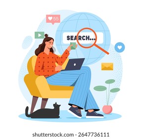 Woman sitting on yellow chair using a laptop while holding drink, surrounded by icons and a magnifying glass over a search bar, on white background. Concept of internet browsing. Vector illustration