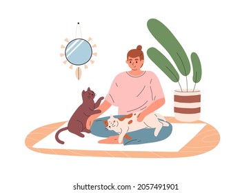 Woman sitting on yoga mat with cute cats at home. Happy persons workout with pets. Female and funny kitties training and relaxing indoors. Flat vector illustration isolated on white background.