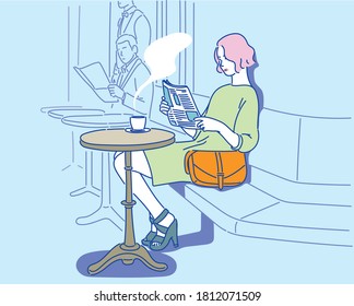 A woman is sitting in an open-air cafe, drinking coffee and reading a newspaper. hand drawn style vector design illustrations. 