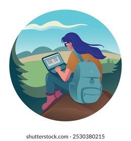 Una mujer sentada al aire libre en una montaña con computadora portátil, disfrutando del trabajo remoto en la naturaleza. Lleva equipo de senderismo y tiene una mochila. Ilustración de concepto de freelance, estilo de vida nómada digital