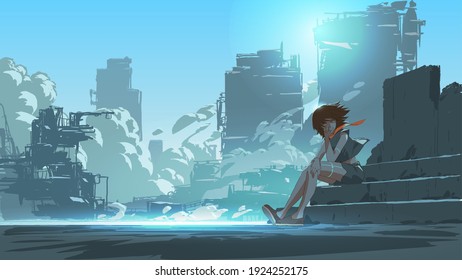 woman sitting outside against the futuristic city scene in the background, vector illustration