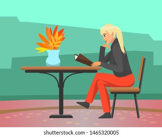 Woman sitting outside reading menu ready to make order vector. Table with vase decorated with yellow leaves, cityscape in autumn. Lady in cafe alone. Flat cartoon