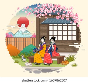 Woman sitting outside the retro Japanese tea room and enjoying snack in ukiyo-e style