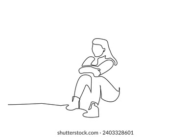 woman sitting outside thoughtful alone full body length one line art design