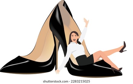 Woman sitting over shoes cheers raising her arms-