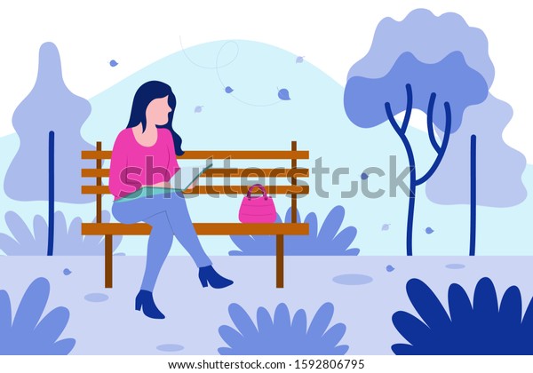 Woman Sitting Park Bench Reading Book Stock Vector (Royalty Free ...