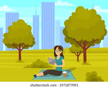 Woman is sitting in park and reading e-book. Girl spends time outdoors. Female character looks at tablet pc in her hands serfing internet, breathes fresh air on picnic. Person having rest in cityscape