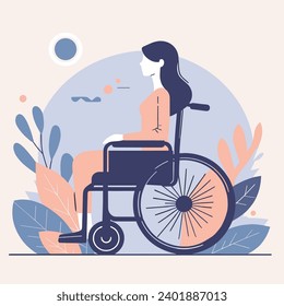 A woman is sitting peacefully in a wheelchair surrounded by plants in a vector illustration.