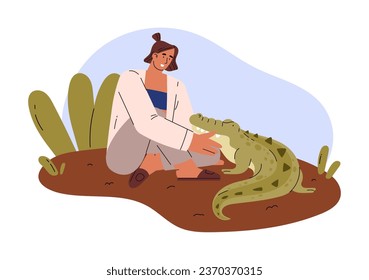 Woman is sitting and petting a crocodile on nature. Alligator head is on the owner's arms. Colorful flat vector isolated illustration of cartoon exotic pet reptile, amphibian domestic or wild animal