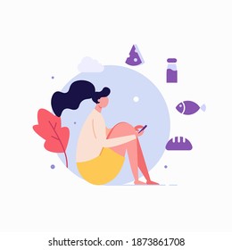 Woman Sitting with Phone Choosing and Buying Food Products on Mobile App. Online Grocery Store. Concept of Online Grocery Shopping, Food Order, Online Supermarket. Vector illustration for Web Design