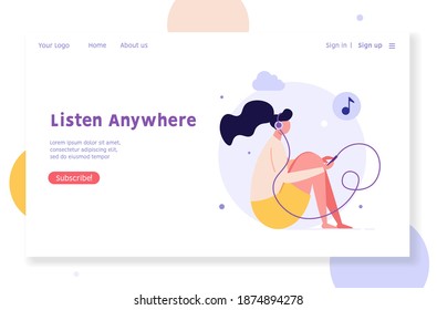 Woman Sitting with Phone Choosing or Listening Podcasts in Mobile App. Audio Podcast. Concept of Online Podcasting, Online Radio Show, Microphone Icon. Vector illustration for Web Design