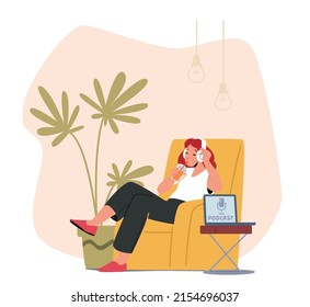 Woman Sitting With Phone Choosing or Listening Podcast in Mobile App. Female Character Enjoying Audio Podcast. Concept of Online Radio Show, Music Recreation. Cartoon People Vector Illustration