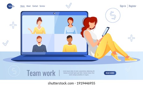 Woman is sitting with phone, Laptop with video call on the screen. Video call, freelance, finance, working online concept. Vector illustration poster, banner, advertising, website development. 
