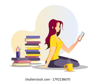 Mujer sentada con teléfono y pilas de libros. Librería, librería, amantes de los libros, lector de libros electrónicos, concepto de biblioteca electrónica. Ilustración vectorial aislada para afiches, banner, portada.