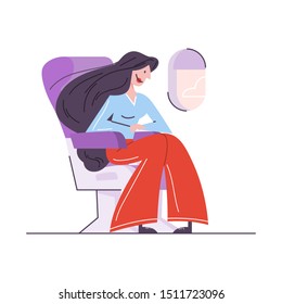 Woman sitting in the plane at the window. Passenger in aircraft. Idea of journey and travel. Isolated flat vector illustration