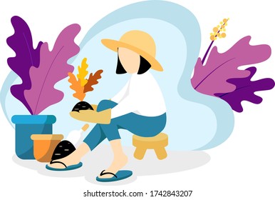 Woman sitting and planting tree. Volunteer takes care of the plant. Flat vector illustration