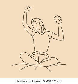 Woman sitting play music with phone. Line art drawing. Sketch outline vector illustration