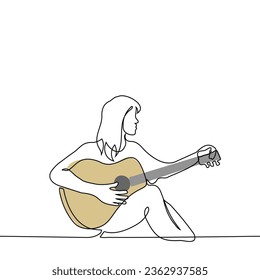 woman sitting playing guitar - one line art vector. concept female guitarist