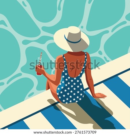 Woman sitting at poolside holding drink summer vacation relaxation concept vector illustration