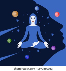 Woman sitting in a pose asana - stars, planets - abstract, art, illustration, vector. Space exploration. Magic. Occultism. Yoga.
