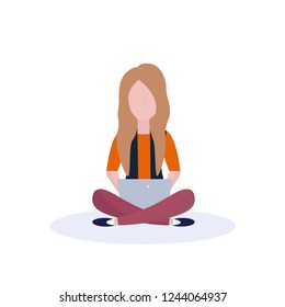 woman sitting pose using laptop isolated female faceless cartoon character flat