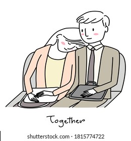 Woman sitting and putting her head on man's shoulder to sleep. Businesswoman resting her head on boyfriend' s shoulder. Couple sitting on bus and tired woman resting head on man's shoulder afterwork.