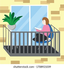 Woman is sitting and reading the book in blue chair on balcony, Vector illustration in cartoon flat style. Coronavirus pandemic restrictions, quarantine and stay home concept. Entertainment, outdoors
