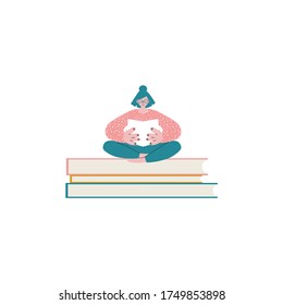 Woman sitting and reading a book. Bookworm. Hobbies and leisure vector illustration. Concept illustration of learning during self-isolation