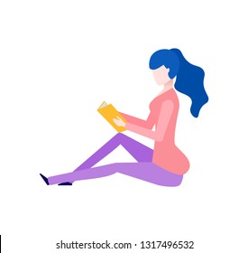 Woman sitting and reading book studying student vector. Isolated person learning material for exam, bookwork getting ready for university homework