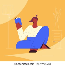 Woman sitting and reading book. Vector illustration of student girl with book in living room. Teen girl holding book. Easy learning. Back to school. Banner, landing page.