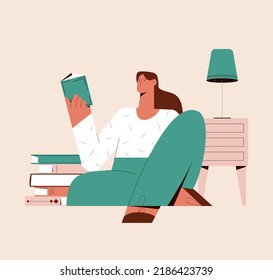 Woman sitting and reading book. Vector illustration of student girl with book in living room. Teen girl holding book. Easy learning. Back to school. Banner, landing page. Isolated.