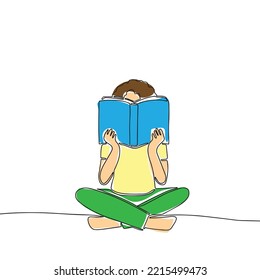 Woman sitting and reading book vector illustration in hand draw style with color. Outline, one line 