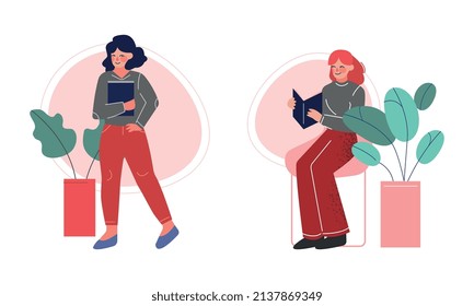 Woman Sitting and Reading Interesting Book Vector Set