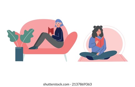 Woman Sitting and Reading Interesting Book Vector Set