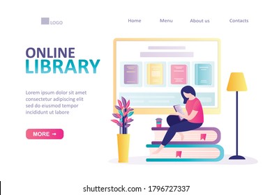 Woman sitting and reading online on tablet pc. Landing page on theme of e-library. Concept of electronic books and e-learning. Large selection of books in ebookstore. Trendy flat vector illustration