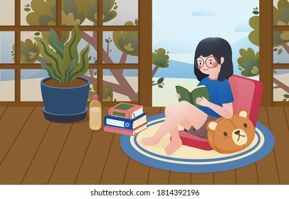 Woman is Sitting and Reading Some Books at Cozy Wooden Terrace With Tree and Mountain in Background, Vector, Illustration