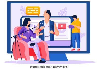 A woman is sitting in a red armchair next to a stand with a microphone. A huge screen with a rocker in leather vest. A man with a laptop in his hands is working on the computer vector illustration