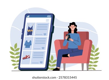 Woman sitting in a red armchair using her smartphone for online shopping, with a large phone screen showing product listings. Minimalist style, white background. Vector illustration