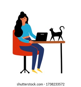Woman sitting in red chair and working online at home with black cat walking on table. Vector illustration of social distancing and self-isolation during corona virus quarantine