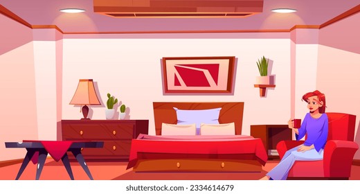 Woman sitting in red house bedroom with furniture. Modern room interior scene with bed, pillow, blanket and lamp. Comfort sleep flat environment with cactus and plant in pot for female character.